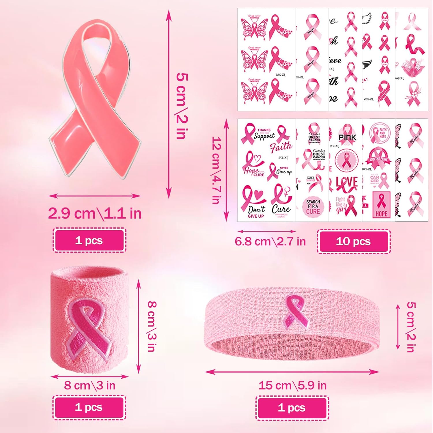 77 piezas de accesorios de concientización sobre el cáncer de mama, pines de cinta, pulseras de cáncer de mama, cuello de plumas de pavo, pin de
