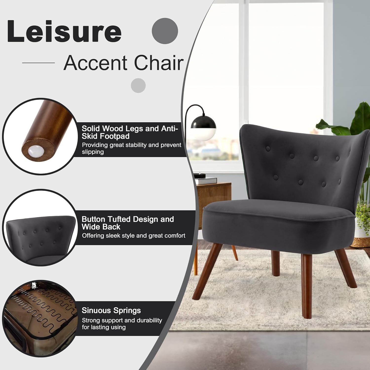 Silla decorativa de terciopelo moderna de mediados de siglo, silla de sala de estar sin brazos con patas de madera, silla de club con respaldo