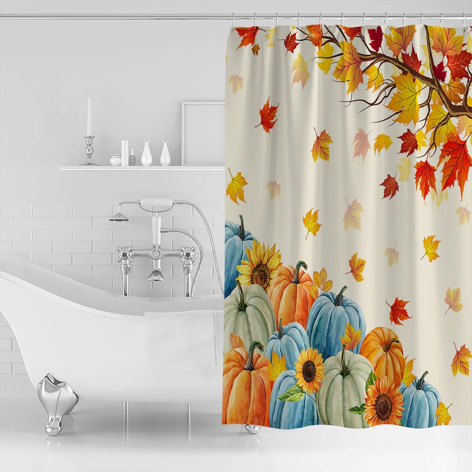 Cortina de ducha de otoño de Acción de Gracias, decoración de baño, azul, naranja, verde, calabaza, hojas de arce, cortinas de ducha impermeables de