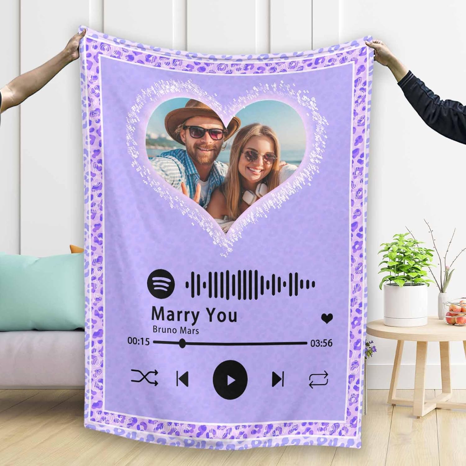 Manta de música personalizada con código de Spotify con foto, manta de texto personalizada para parejas, enamorados, regalos conmemorativos para