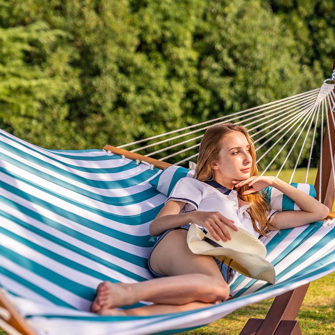 Lazy Daze Hammocks Hamaca doble de tela acolchada de 12 pies con barras separadoras y almohada desmontable, hamaca para 2 personas para patio al