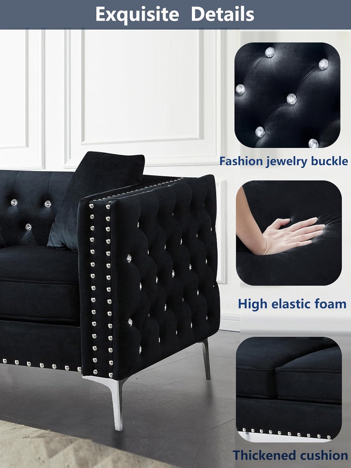 Fulocseny Sofá biplaza tapizado de terciopelo, sofá de 59.4 pulgadas con botones joyas y brazos cuadrados, moderno botón y patas de metal, sofá con