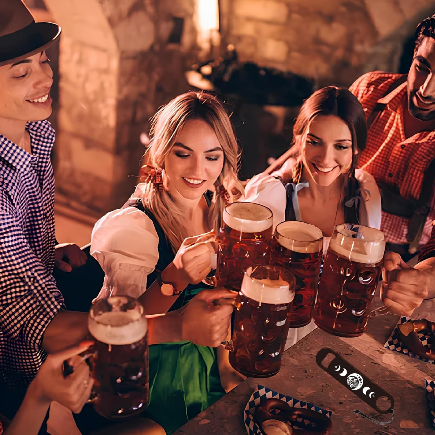 GLOBLELAND Abridor de botellas de acero inoxidable de 7 pulgadas de fase lunar y hongos con cable de poliuretano, abrebotellas de cerveza, abridor