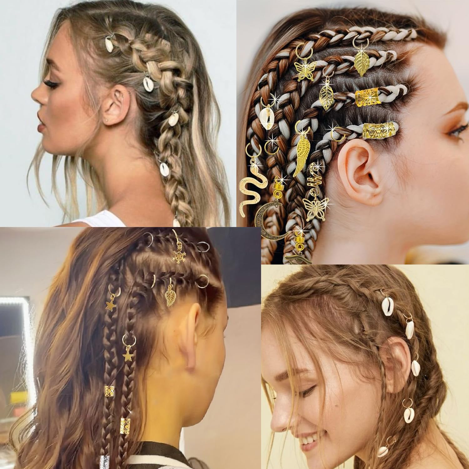 Qingchuang 241 piezas de joyas para el cabello para trenzas, rastas de metal dorado y plateado, conchas de imitación de madera, puños ajustables,