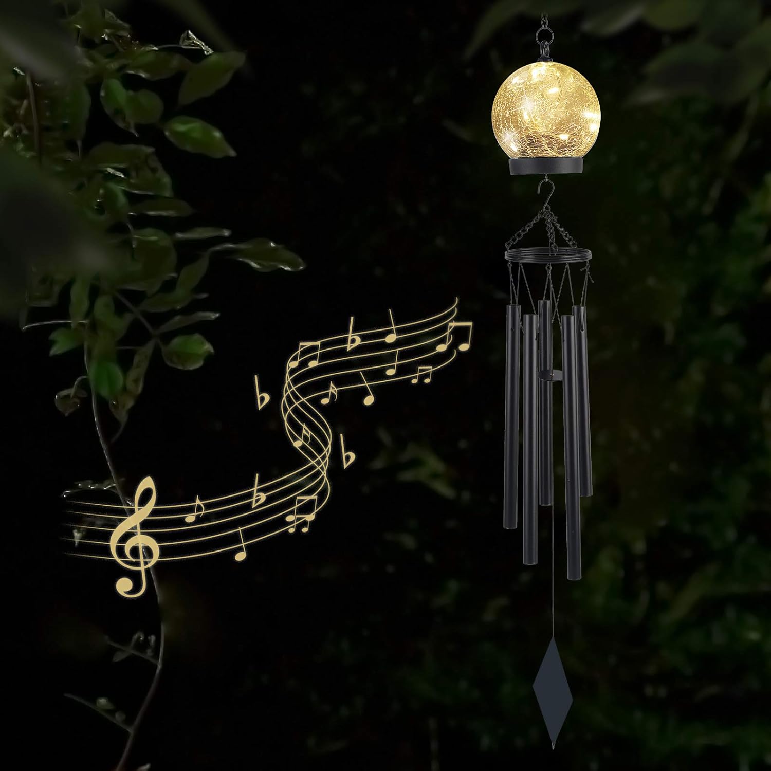 Campanillas de viento para exteriores, 42 pulgadas, campanilla grande de condolencia, 15 LED, blanco cálido, esfera de vidrio agrietado, linterna