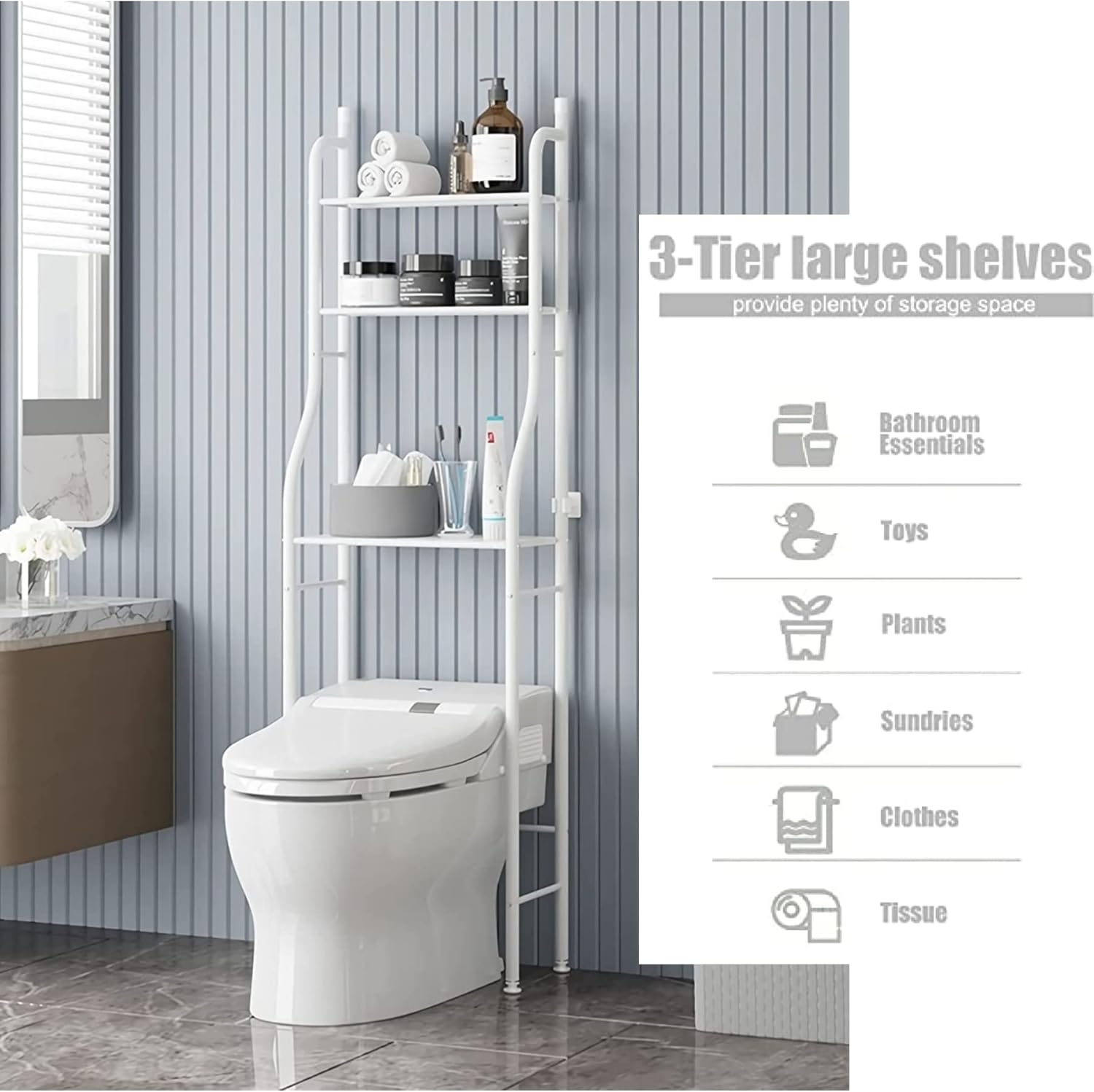Estante de almacenamiento sobre el inodoro, estante organizador de baño multifuncional de 3 niveles, estantes de almacenamiento estables, fácil