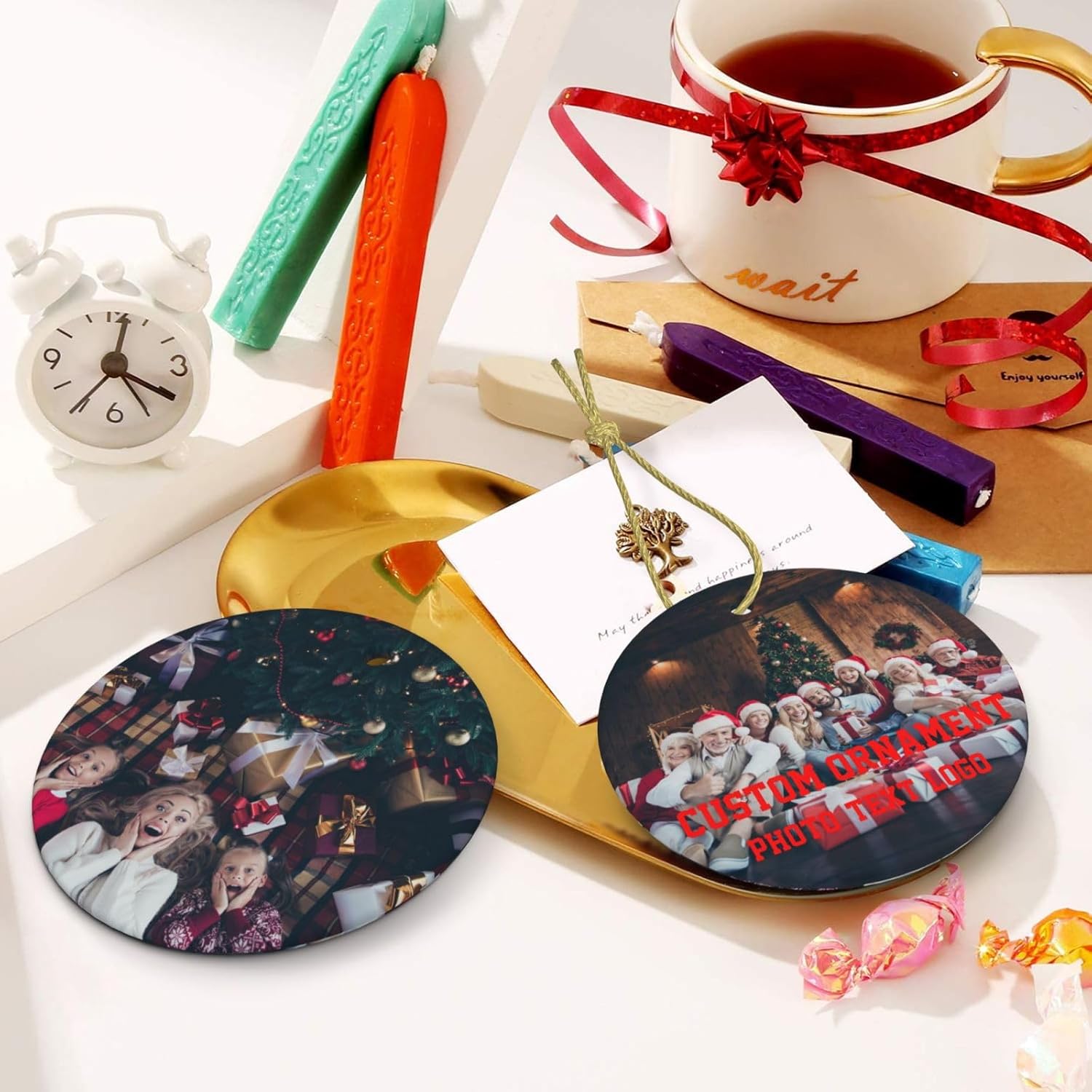 Adornos personalizados de doble cara, diseño independiente, adorno de imagen personalizado, decoración colgante de cerámica conmemorativa, regalo