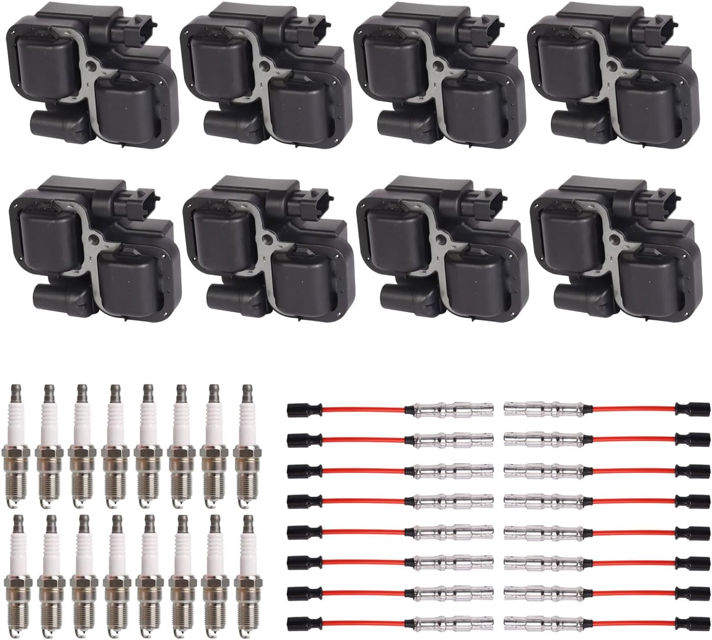 ENA Juego de 8 bobinas de encendido con 16 bujías de iridio y juego de cables rojos compatibles con Mercedes-Benz C43 CL500 CLK430 CLK500 E430 E500