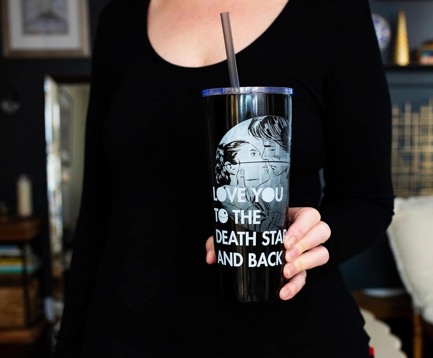 Silver Buffalo Vaso de acero inoxidable de doble pared con pajilla, diseño de Star Wars Love You to the Death Star and Back, 22 onzas