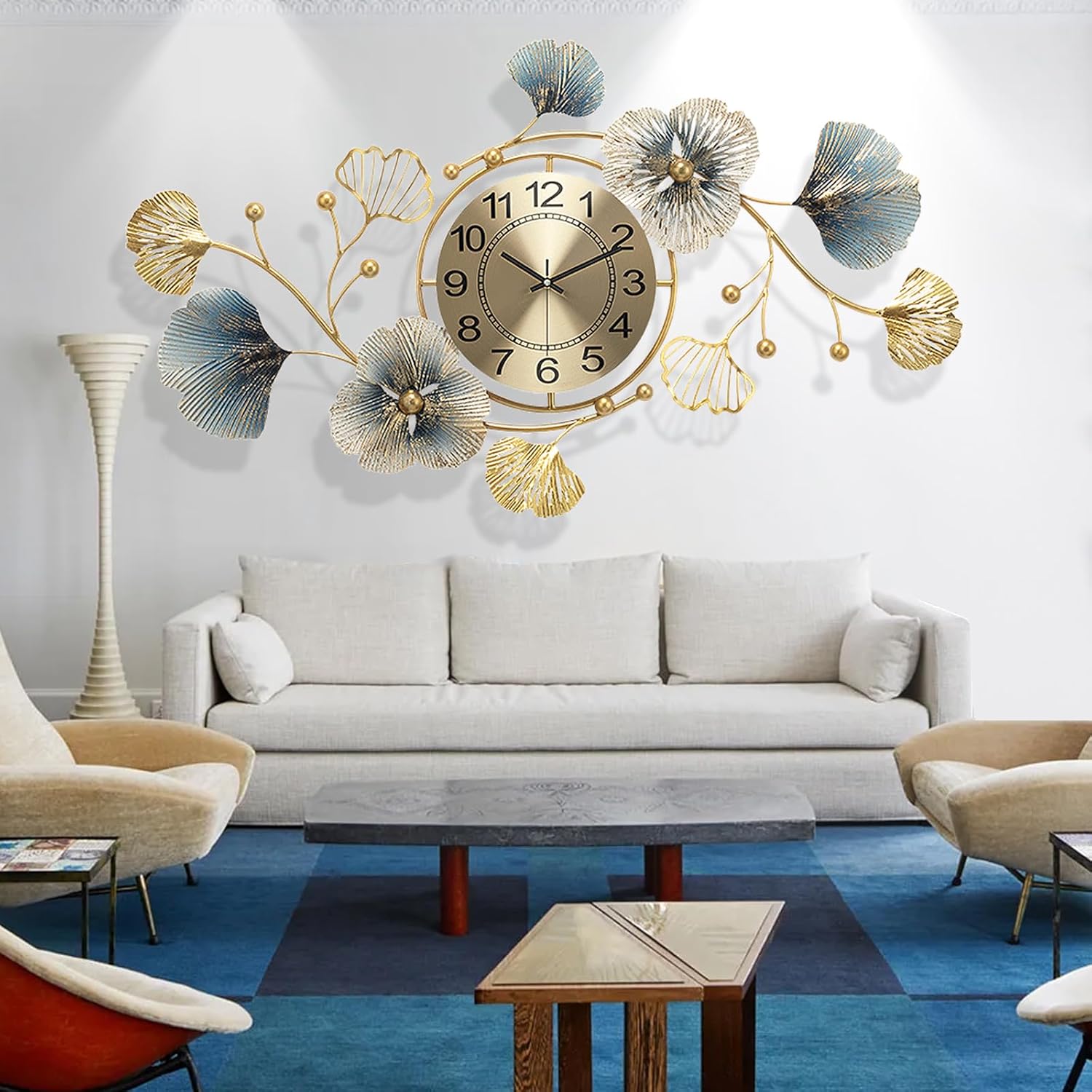 Reloj de pared grande de 33 pulgadas, silencioso, sin tictac, decorativo, de metal, hoja de ginkgo, diseño único, reloj de pared elegante para sala