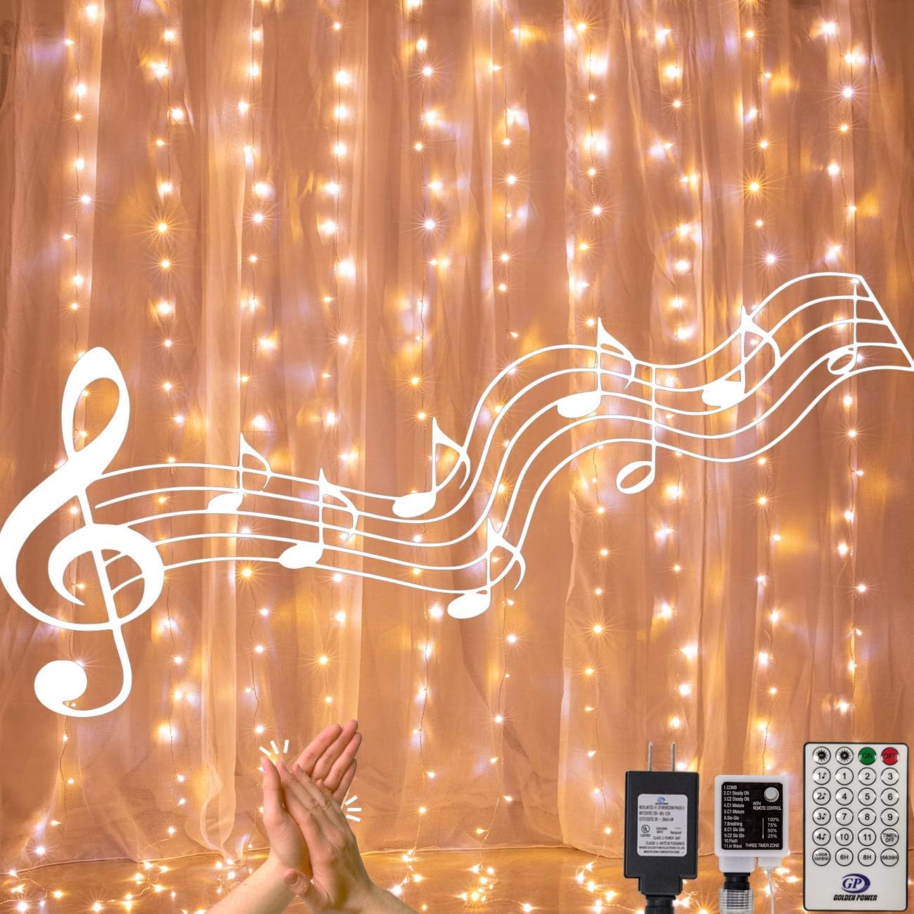 AWQ Guirnalda de 300 luces LED de 6.6 pies x 9.8 pies, 4 música, 11 modos de iluminación con control remoto para Navidad, fiesta de Acción de
