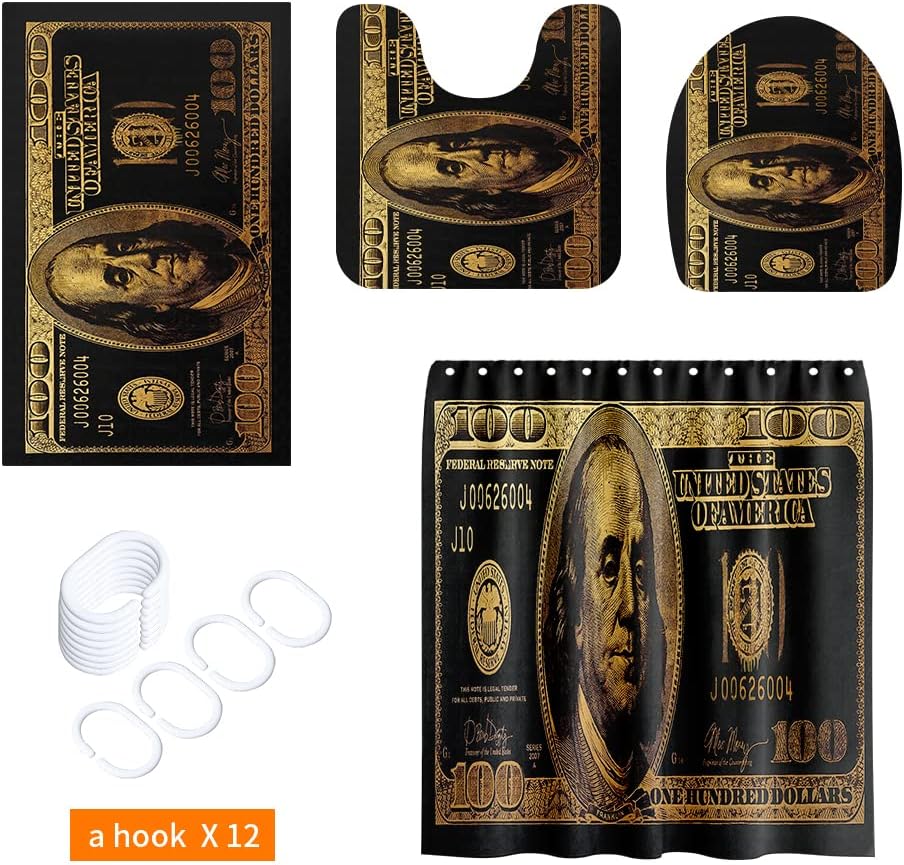 GUBIYU Juego de baño de billetes de 100 dólares de oro negro con cortina de ducha y alfombras de billetes, accesorios de baño geniales 4 piezas