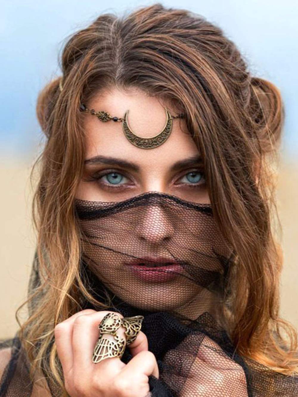 DoubleNine – Colgante de gota de luna creciente con borlas, cadena para la cabeza, cuentas negras, diadema retro de piedra natural, accesorios para