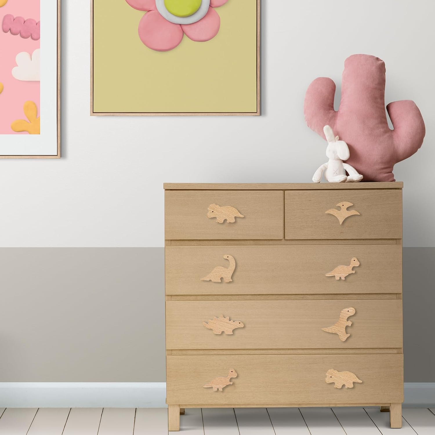 Whaline 6 pomos de madera de dinosaurio con tornillos decorativos con temática de dinosaurio, pomos de muebles de animales de madera natural para