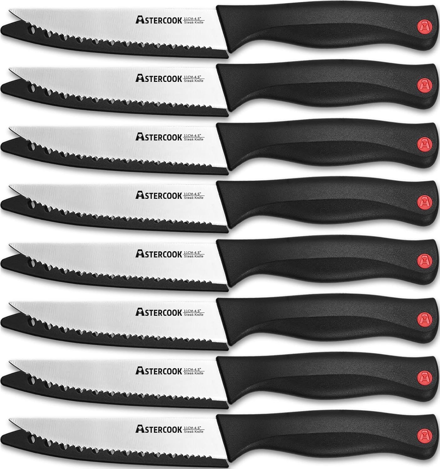 Astercook Cuchillo para carne, juego de 8 cuchillos para carne con funda, apto para lavavajillas, acero inoxidable de alto carbono con tapa, color