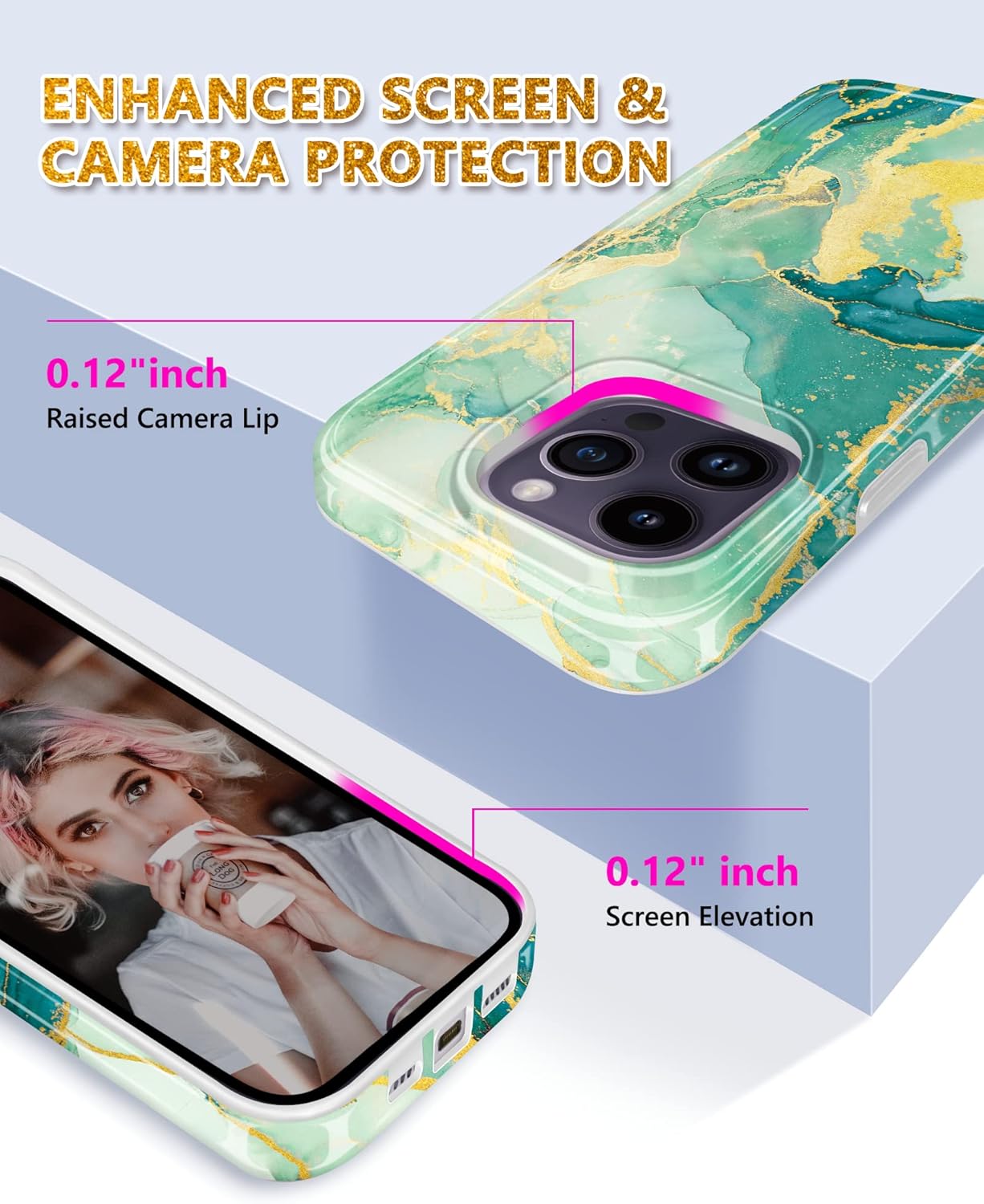 JIAXIUFEN Funda diseñada para iPhone 14 Pro Max, funda dorada con purpurina de mármol, delgada, a prueba de golpes, funda de silicona de goma suave