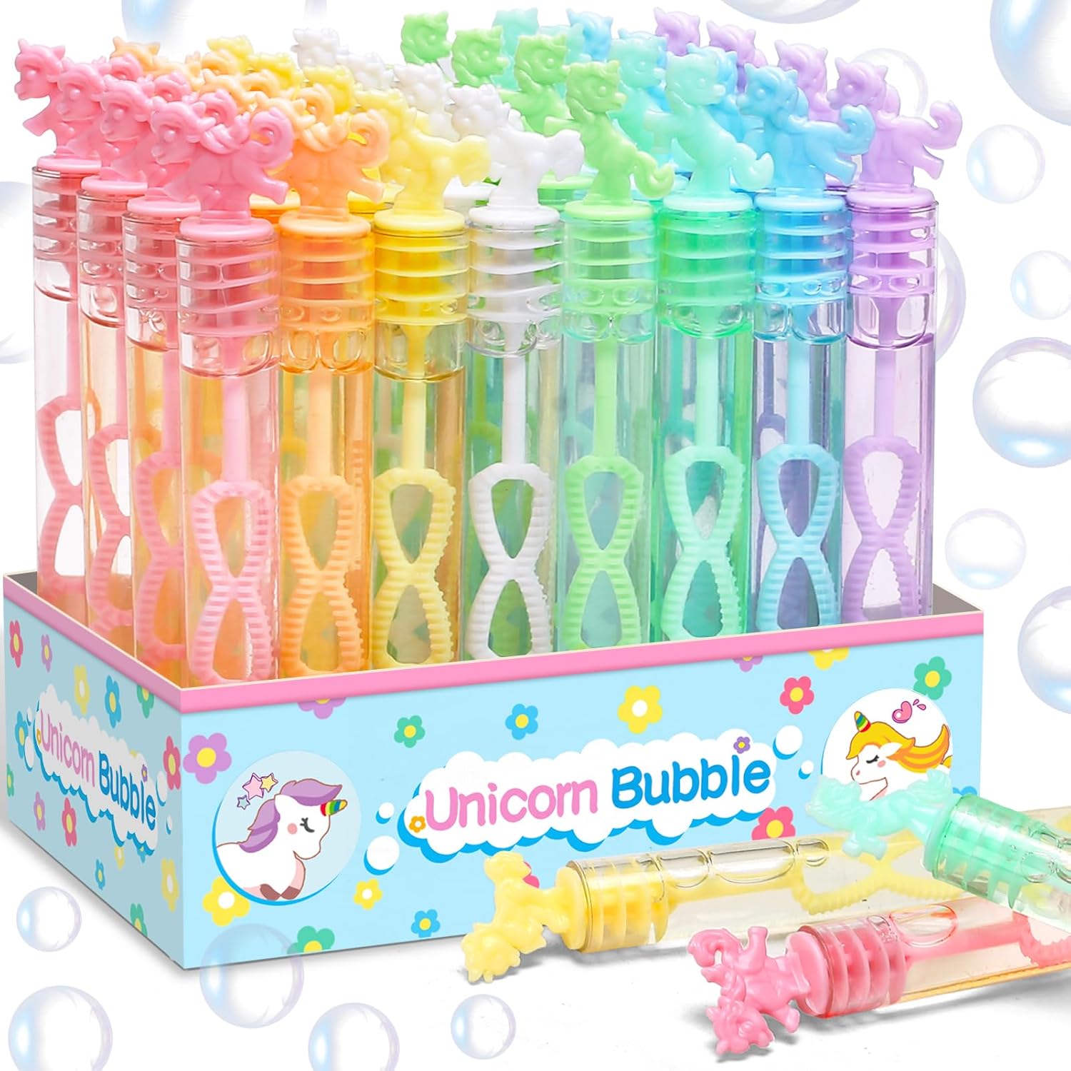 Mini varita de burbujas de unicornio de 32 piezas con caja de exhibición, recuerdos de fiesta de unicornio pastel para niños, decoración de fiestas