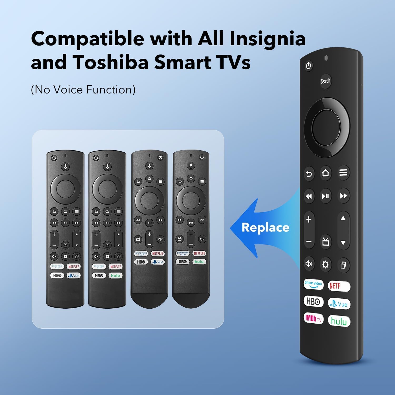 Mando a distancia de repuesto solo para televisores inteligentes Insignia y televisores inteligentes Toshiba con 6 botones de acceso directo, Prime
