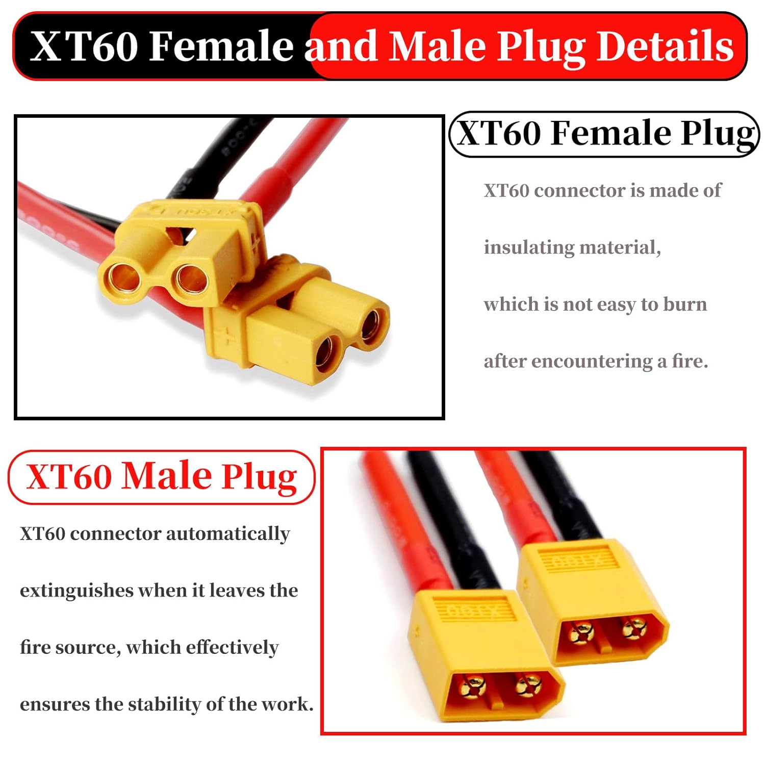 2 pares de conectores hembra y macho XT60, cable de silicona de 14 AWG con tapa protectora de aislamiento de goma para RC Drone Car Lipo cargador de