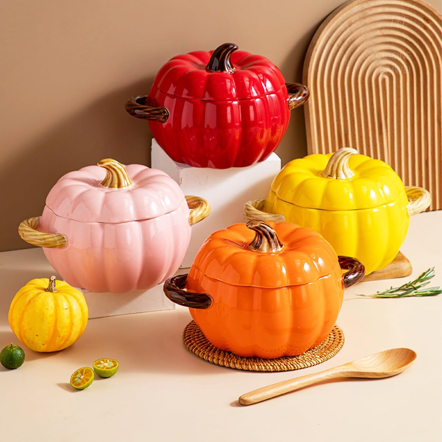 Olla de horno holandés con tapa, cacerola de postre de cerámica de calabaza, mini plato para hornear, lindo cuenco de calabaza, olla de cerámica