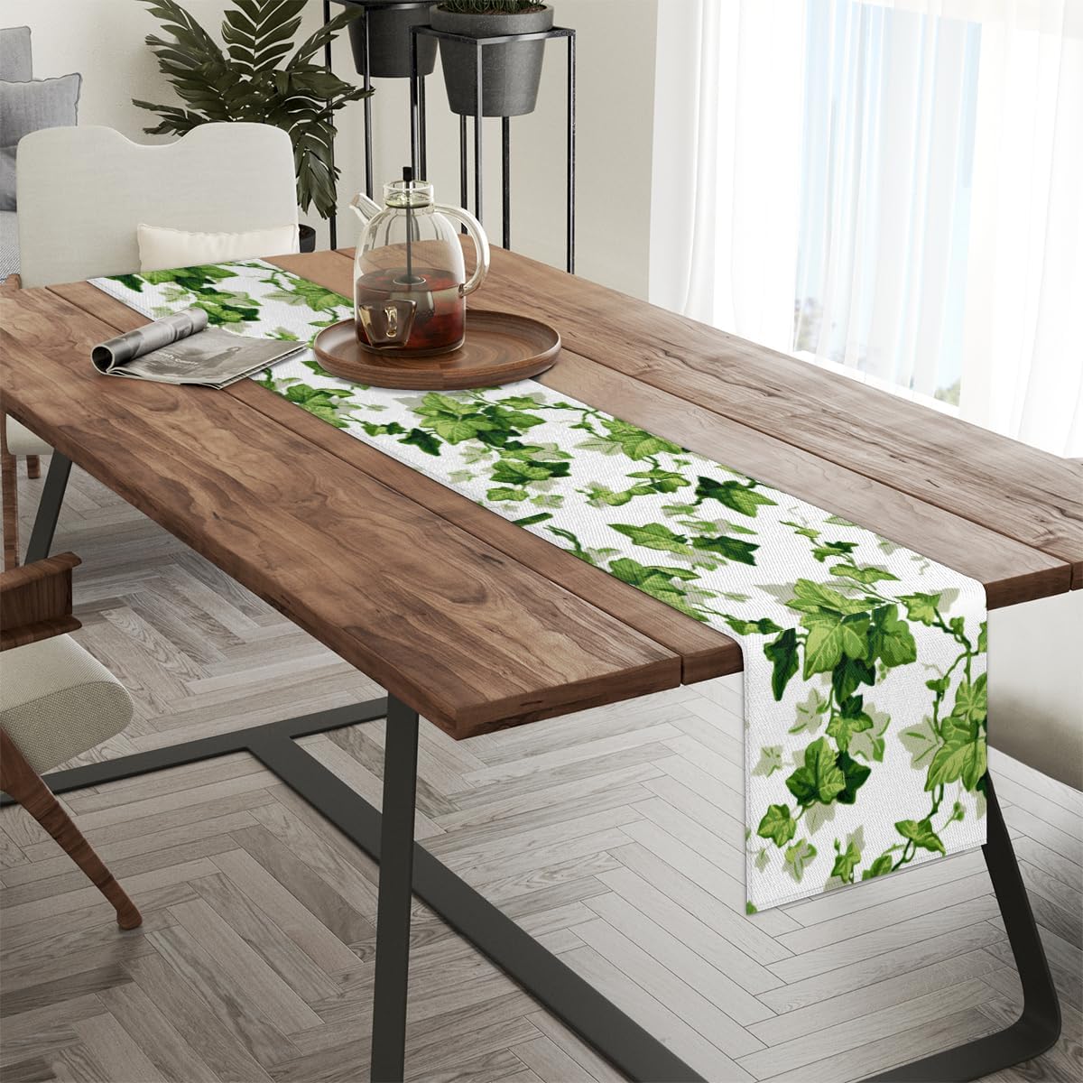 Camino de mesa de hojas de acuarela, mantel de lino rústico para cocina de granja, cena, eventos, fiesta, decoración de mesa de vacaciones, 13 x 120