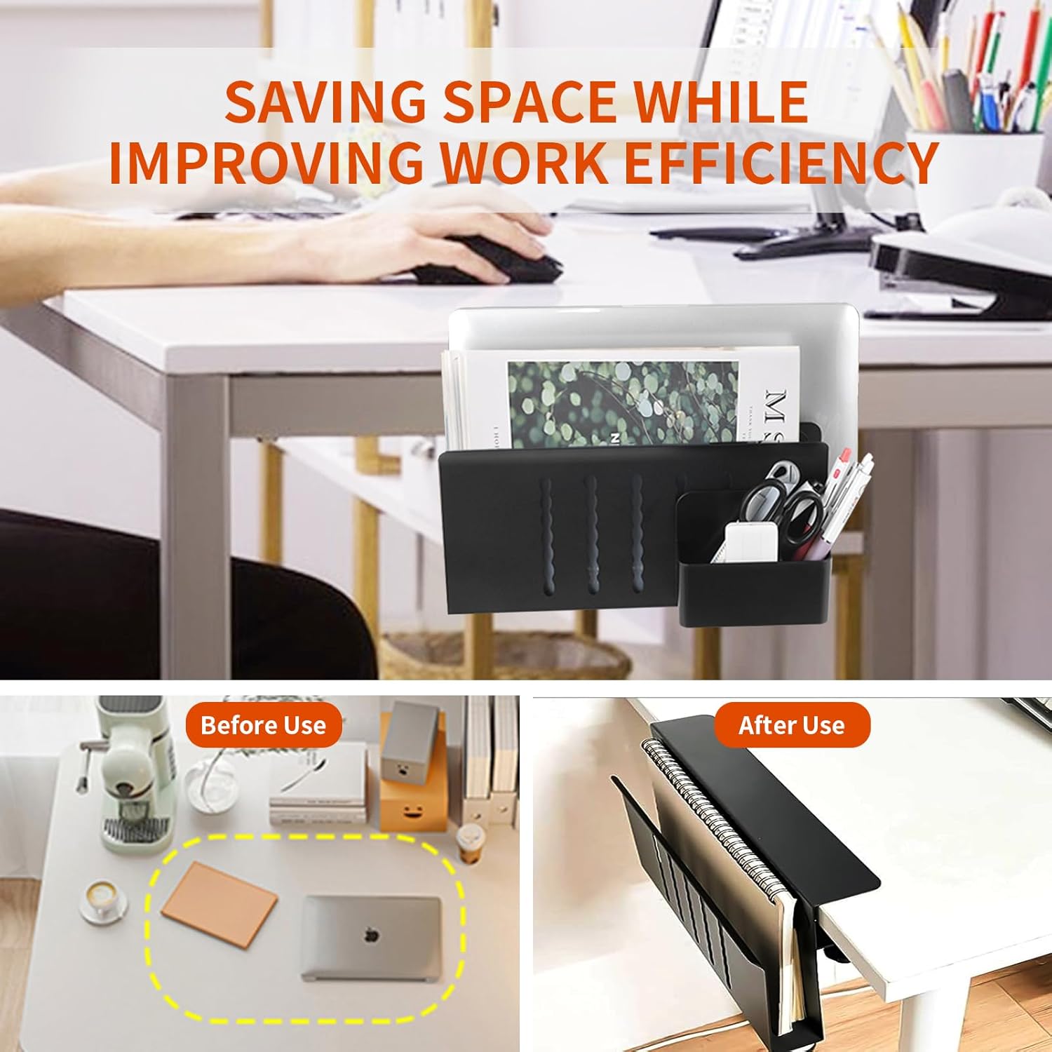 MILEGI Almacenamiento lateral de escritorio, soporte vertical para laptop debajo del escritorio, organizador de escritorio colgante sin taladros,