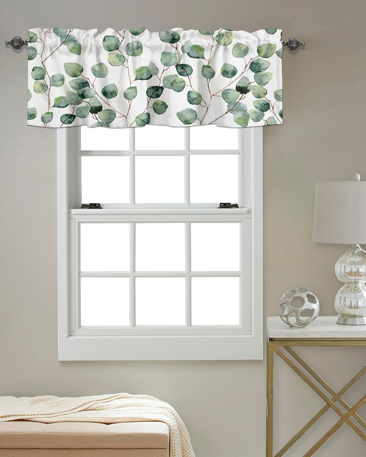 Vandarllin Cortinas de cocina de hojas de eucalipto en acuarela para ventanas, cortinas de verano con bolsillo para cortinero verde y blanco,