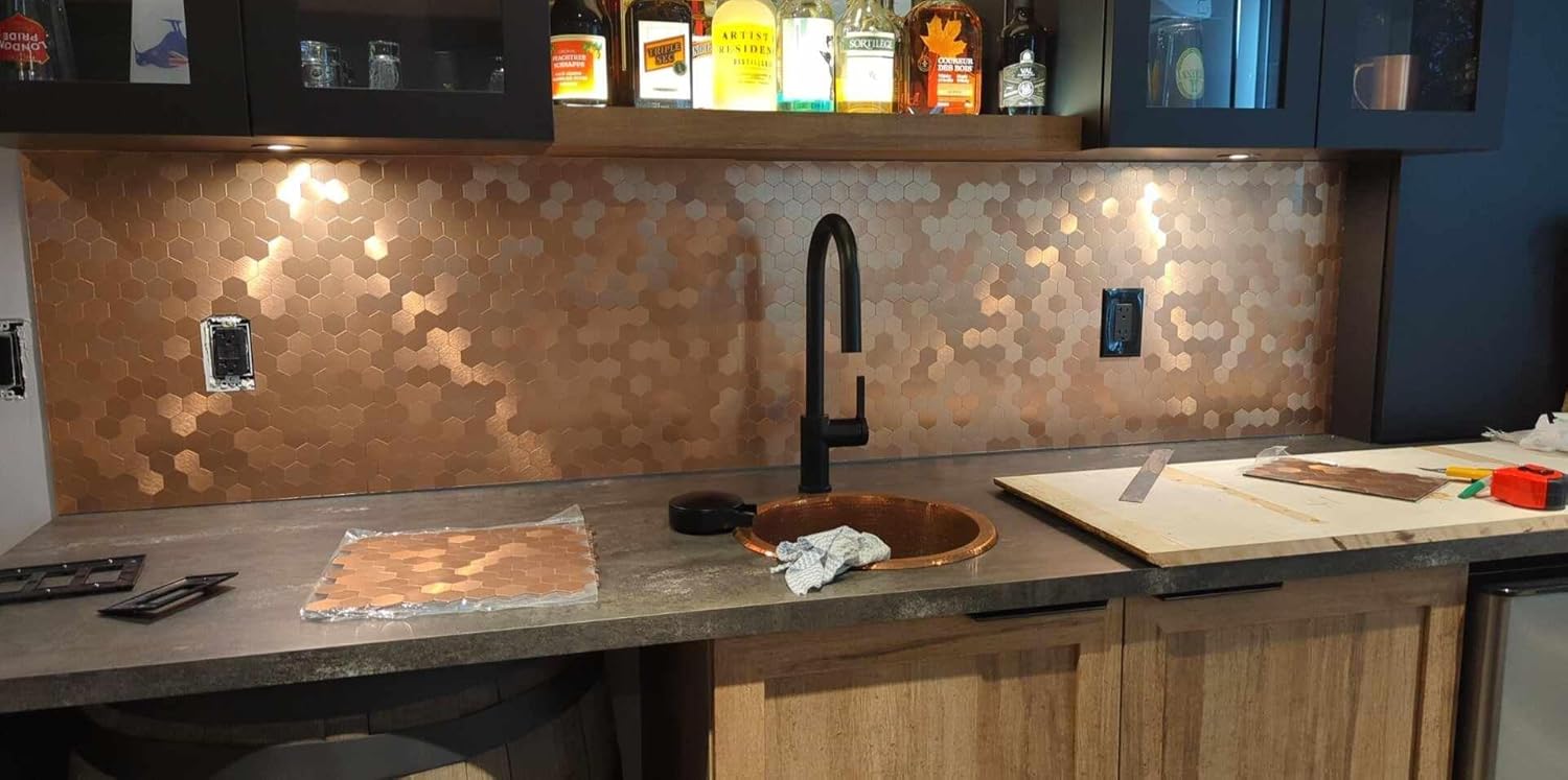 Azulejos hexagonales para despegar y pegar, panel de textura de aluminio cepillado de cobre claro, azulejos de mosaico autoadhesivos para cocina,