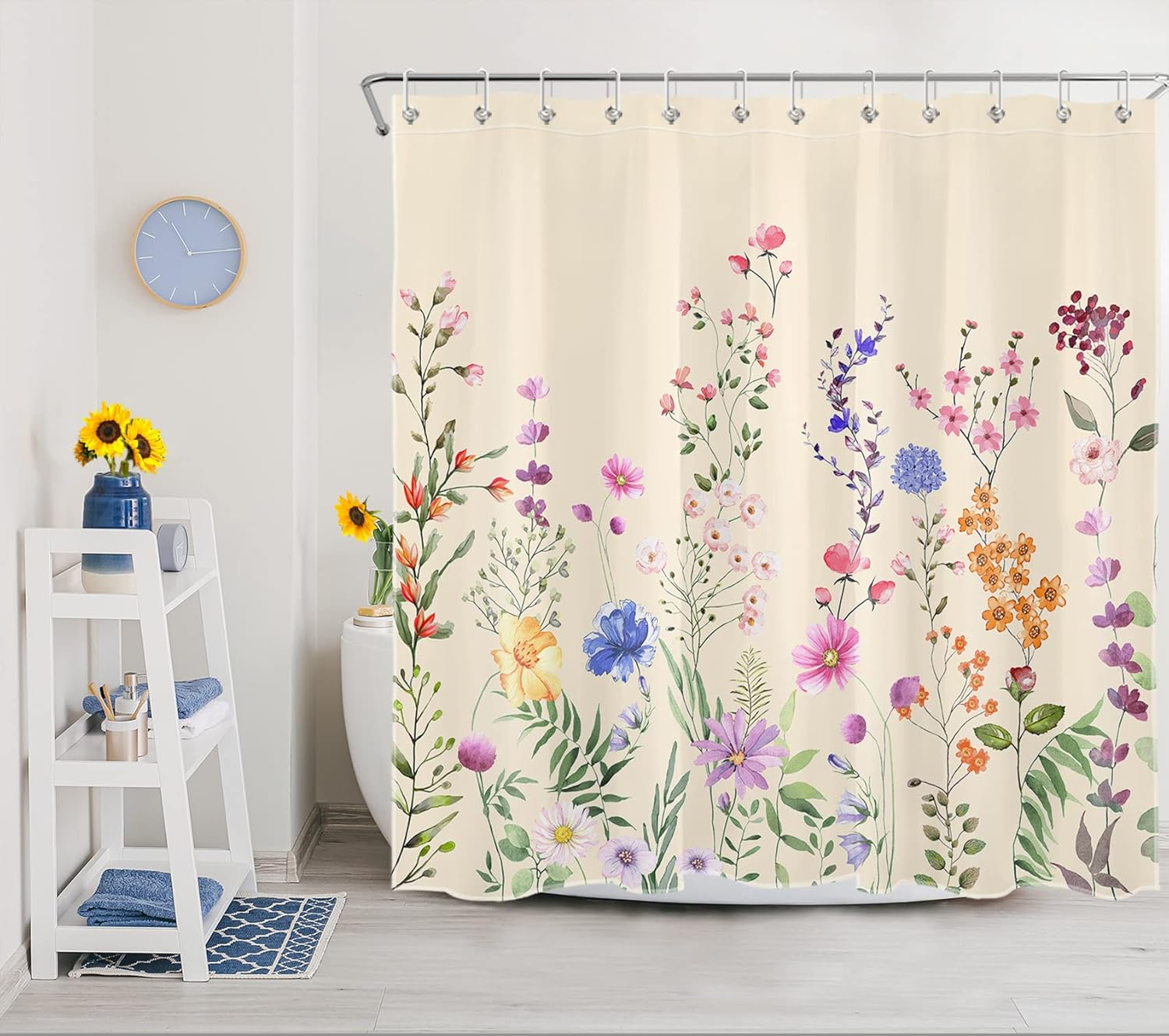 LB Farmhouse Floral Shower Curtain for Bathroom,Nature Colorful Wildflower and Green Botanical on Beige Fabric Shower Curtain with Hooks,Spring