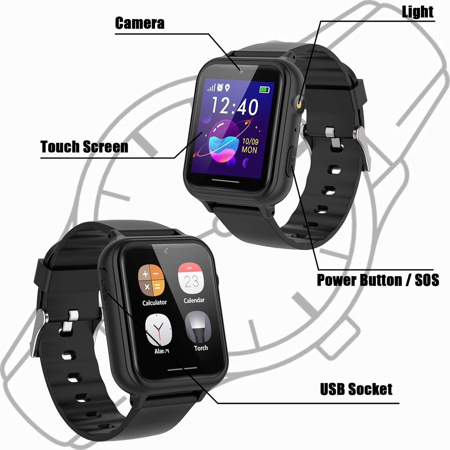 PTHTECHUS Reloj inteligente para niños  Reloj inteligente para niños y niñas con juego de música, reproductor de MP3, video HD, cámara selfie,