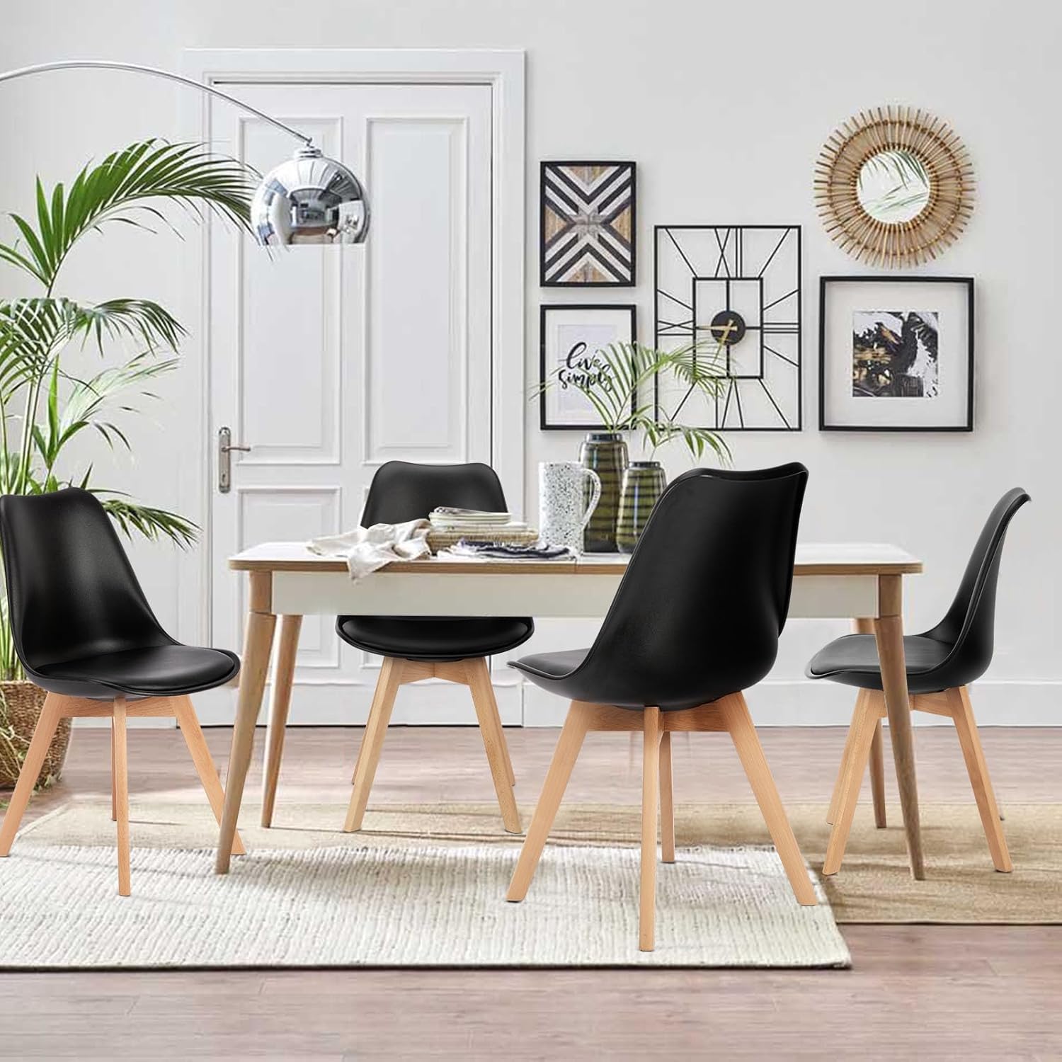 Sweetcrispy Juego de 4 sillas de comedor, modernas de mediados de siglo, sillas tapizadas de piel sintética con patas de madera, sillas de sala de