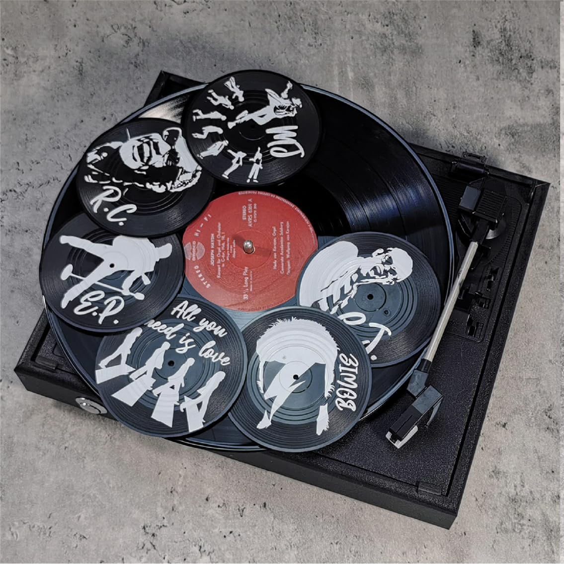 Divertidos posavasos retro para bebidas de café con soporte para reproductor de vinilo, juego de 6 posavasos únicos personalizados para inauguración