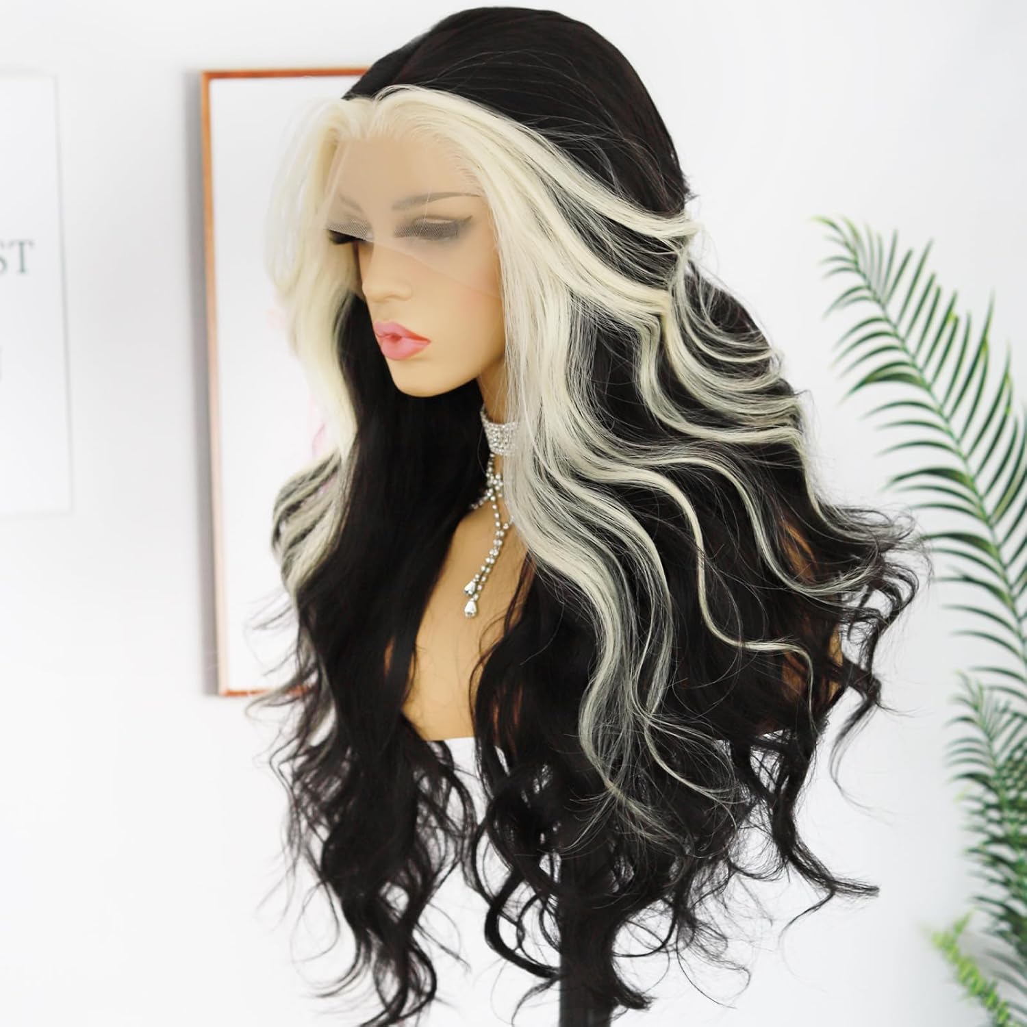 ANDRIA Peluca rubia con encaje frontal a rayas, color negro y rubio, peluca larga ondulada sin pegamento, peluca de encaje transparente, peluca de
