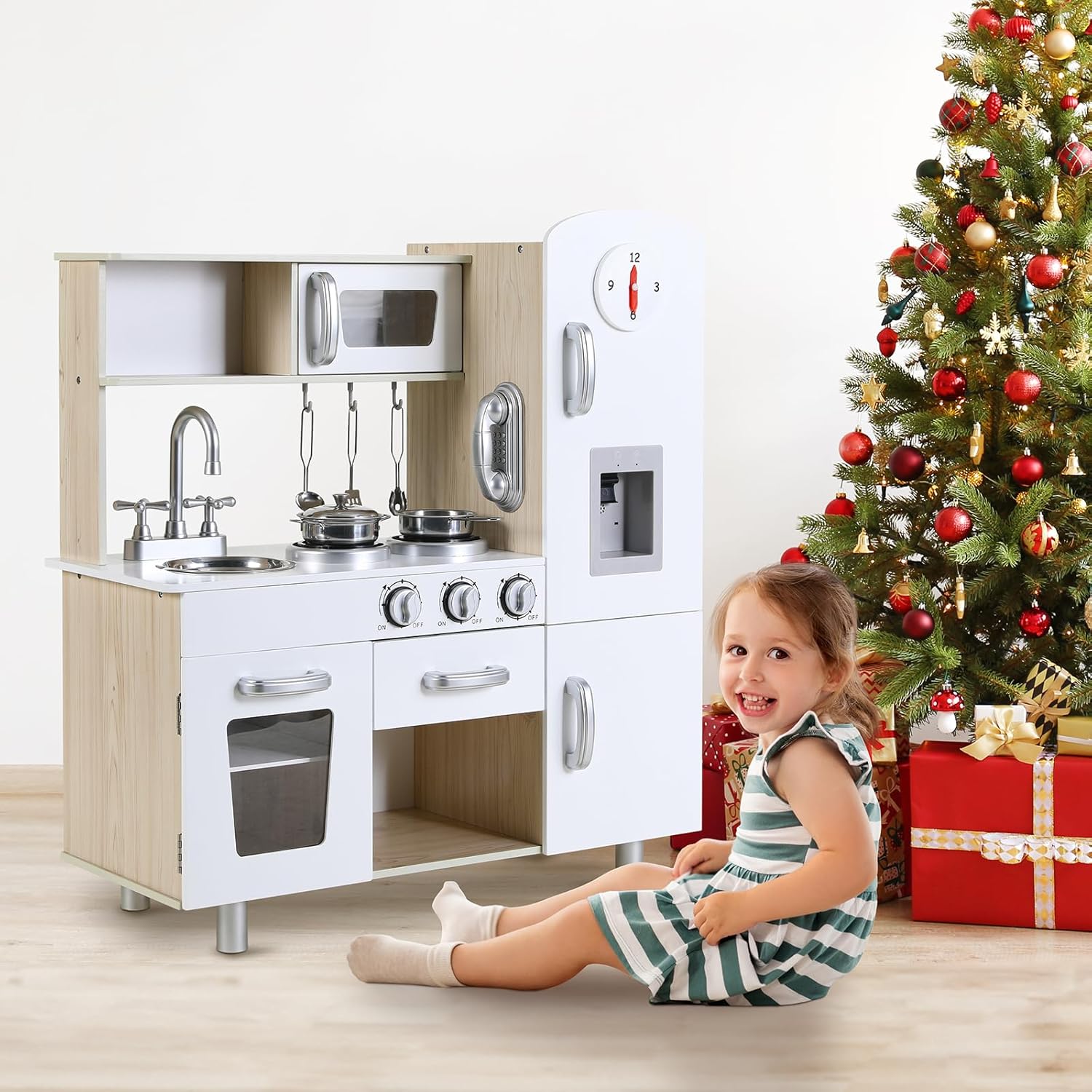 Arlopu Juegos de cocina preescolar, juego de cocina de simulación de madera, juego de cocina pequeño para niños pequeños con teléfono, estufa,