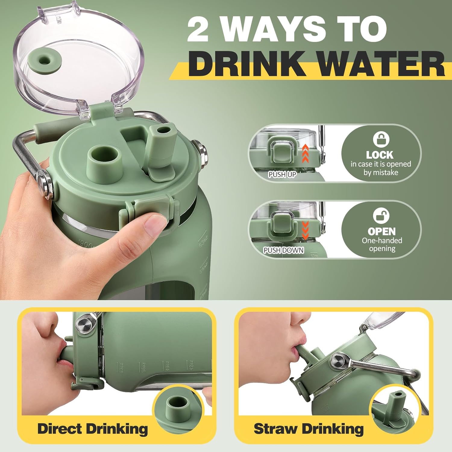 Botella de agua de vidrio de 64 onzas, botella de agua potable de vidrio con popote y mango de acero inoxidable, botella de agua motivacional de