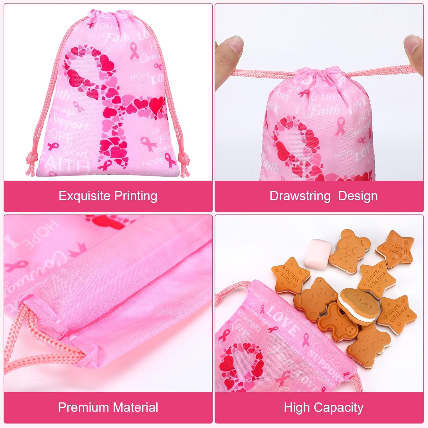24 bolsas de cáncer de mama de 5 x 7 pulgadas, bolsa de cinta rosa con cordón, bolsa de regalo para concientización sobre el cáncer de mama, bolsa