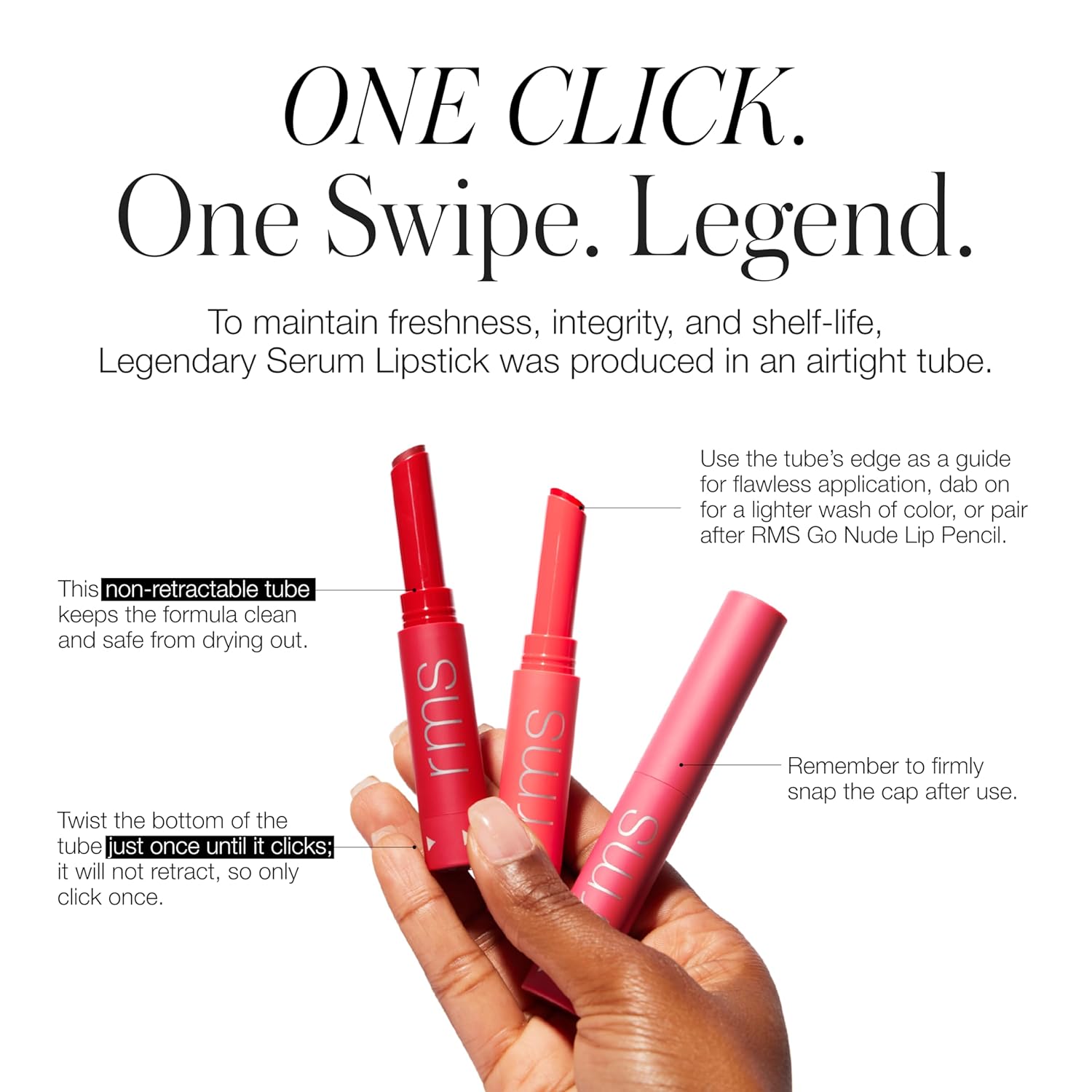 RMS Beauty Legendary Serum Lipstick – Color de labios con acabado satinado, suero híbrido de tinte labial, lápiz labial de larga duración para