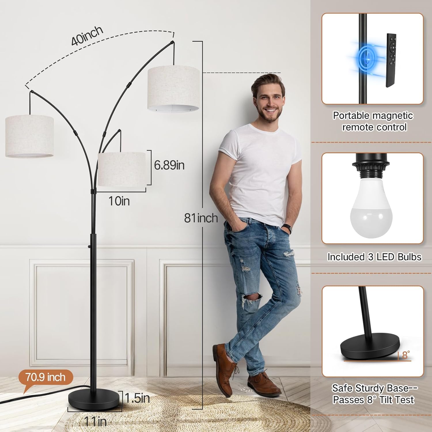 OUTON Lámpara de pie LED de arco con control remoto, regulable, moderna, de 3 luces, arqueada, alta, de mediados de siglo, para dormitorio, oficina,