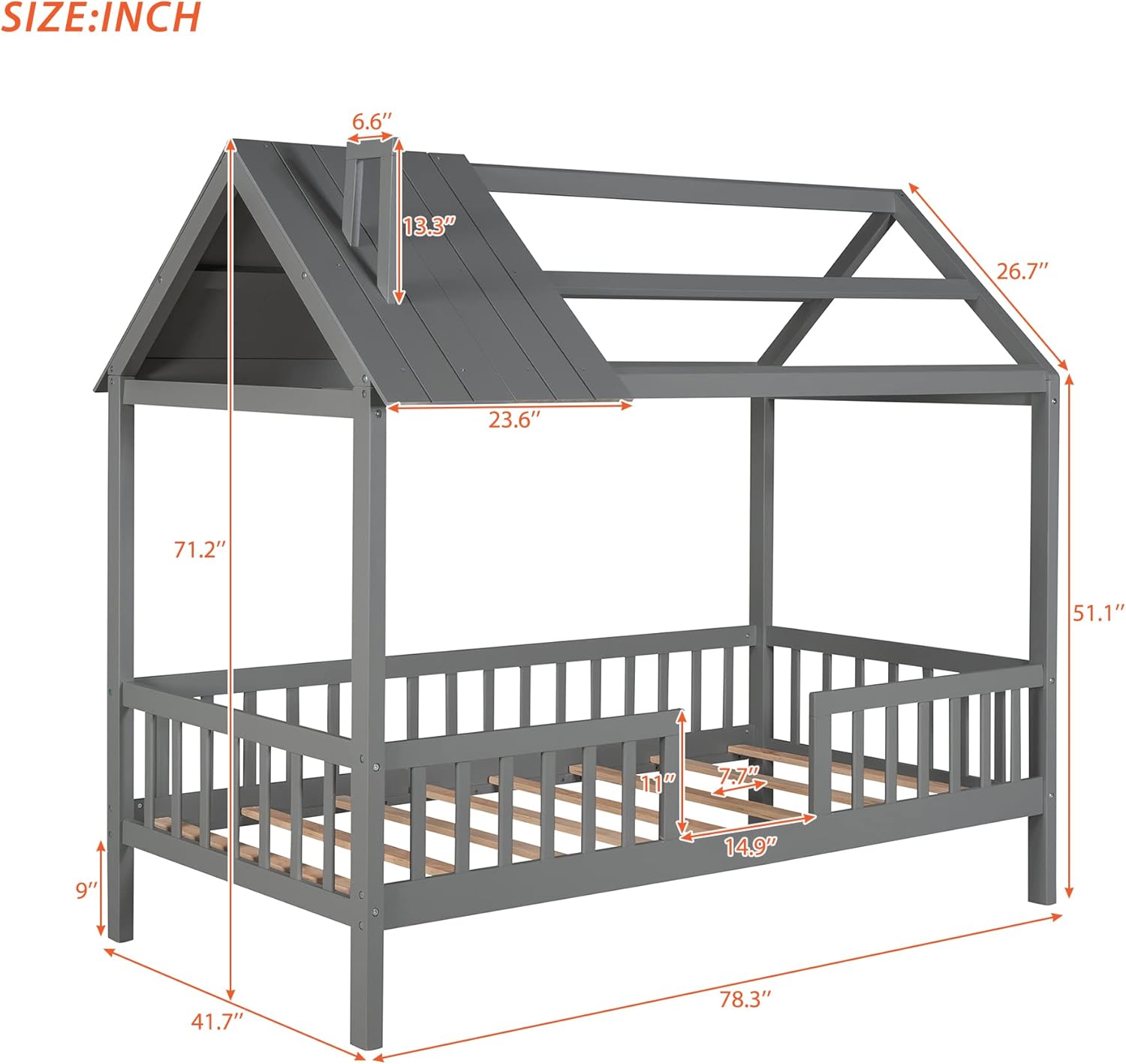SOFTSEA Cama de casa individual con valla para niños y niñas, marco de cama de madera, muebles de dormitorio, gris