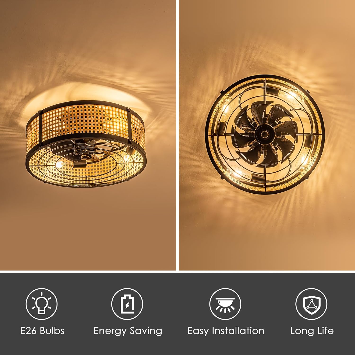 EEHTITH Ventiladores de techo boho con luces de montaje empotrado, ventilador de techo de perfil bajo enjaulado de 20 pulgadas, ventilador de techo