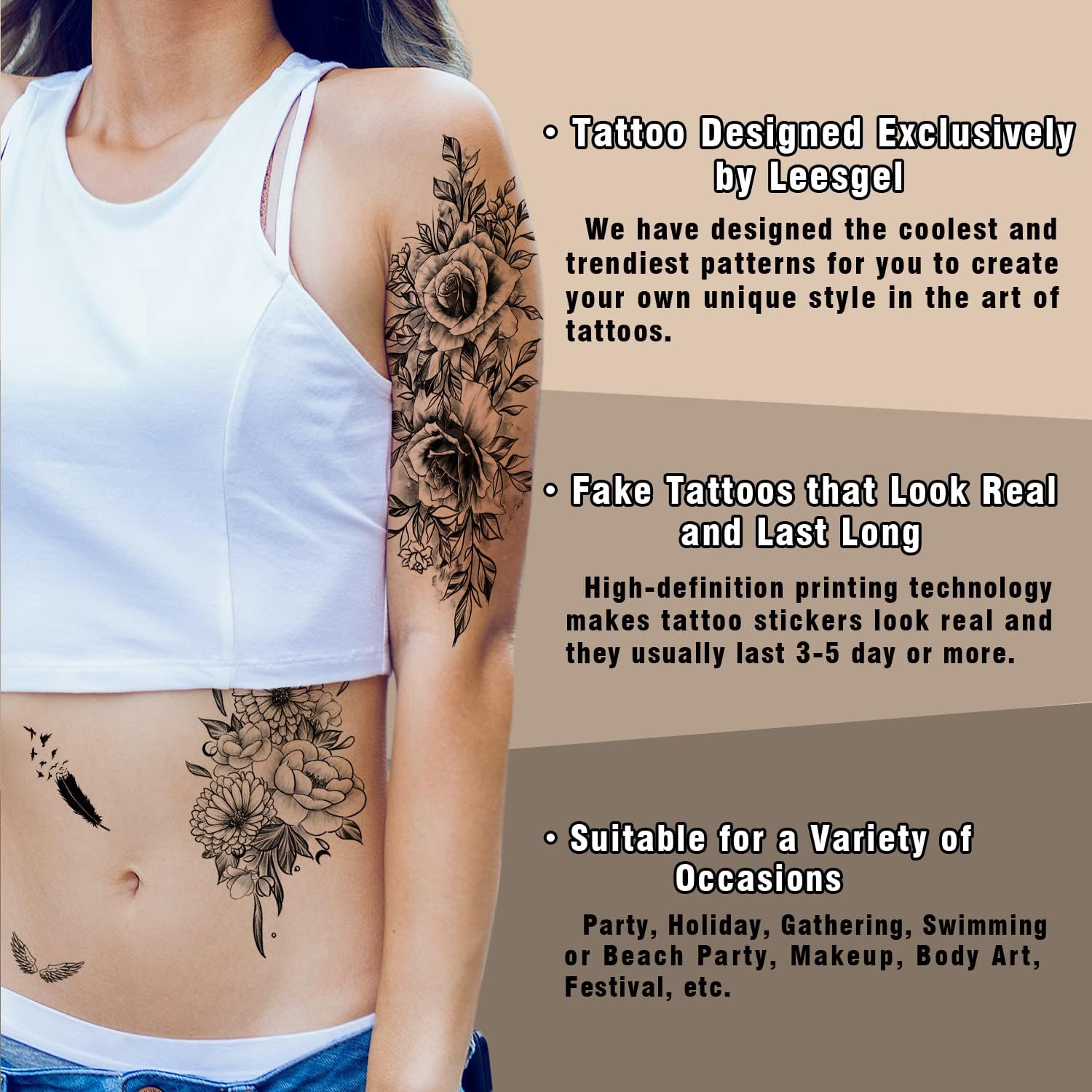 Leesgel 69 hojas de tatuajes temporales para adultos, diseño de flores, luna, rosa, serpiente, media manga, calcomanías de tatuaje para mujeres y