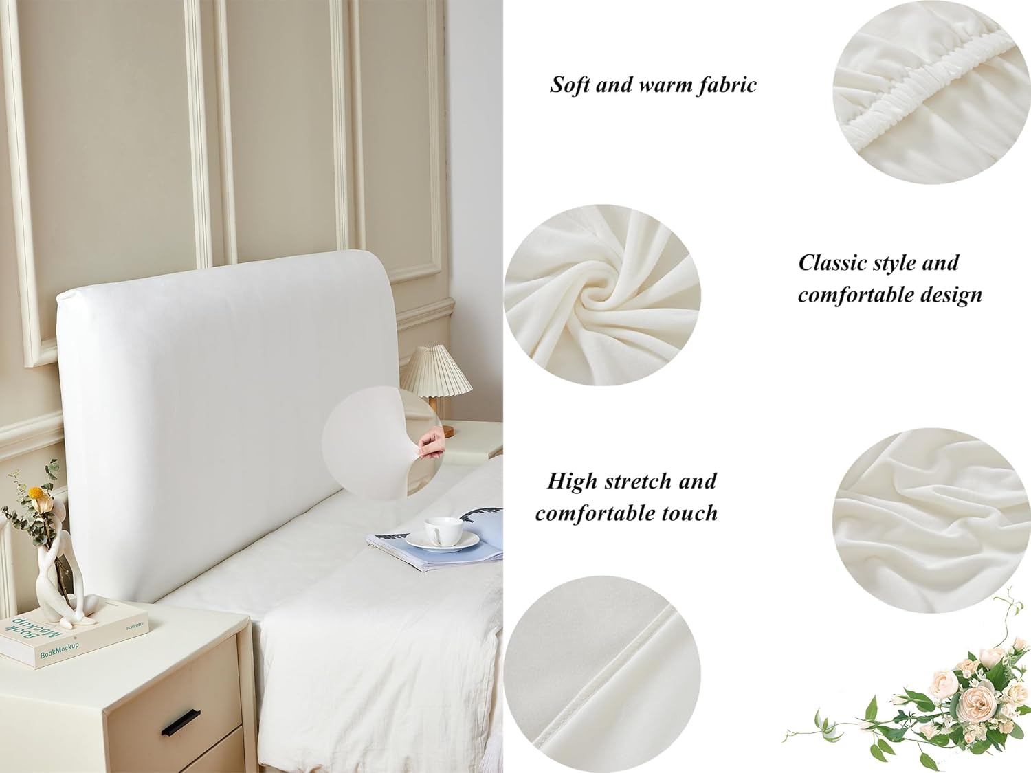 Zion Praiser Funda de terciopelo elástico para cabecero de cama, de tela de color sólido, a prueba de polvo, para cabecero tapizado, color blanco,