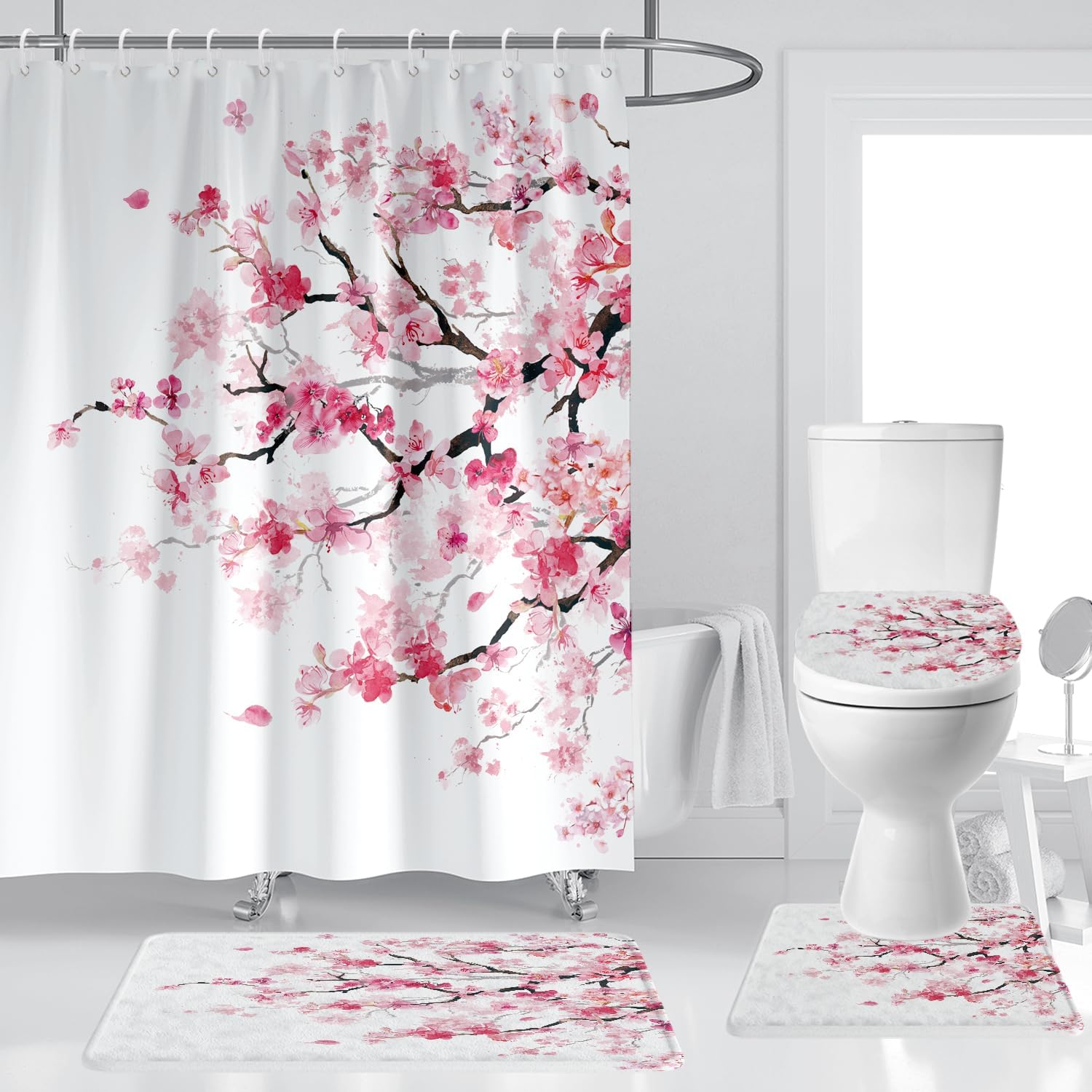 Juego de cortinas de ducha con diseño de flor de cerezo rosa, diseño de árbol de flores florales japonesas, kawaii, impermeable, 4 piezas,