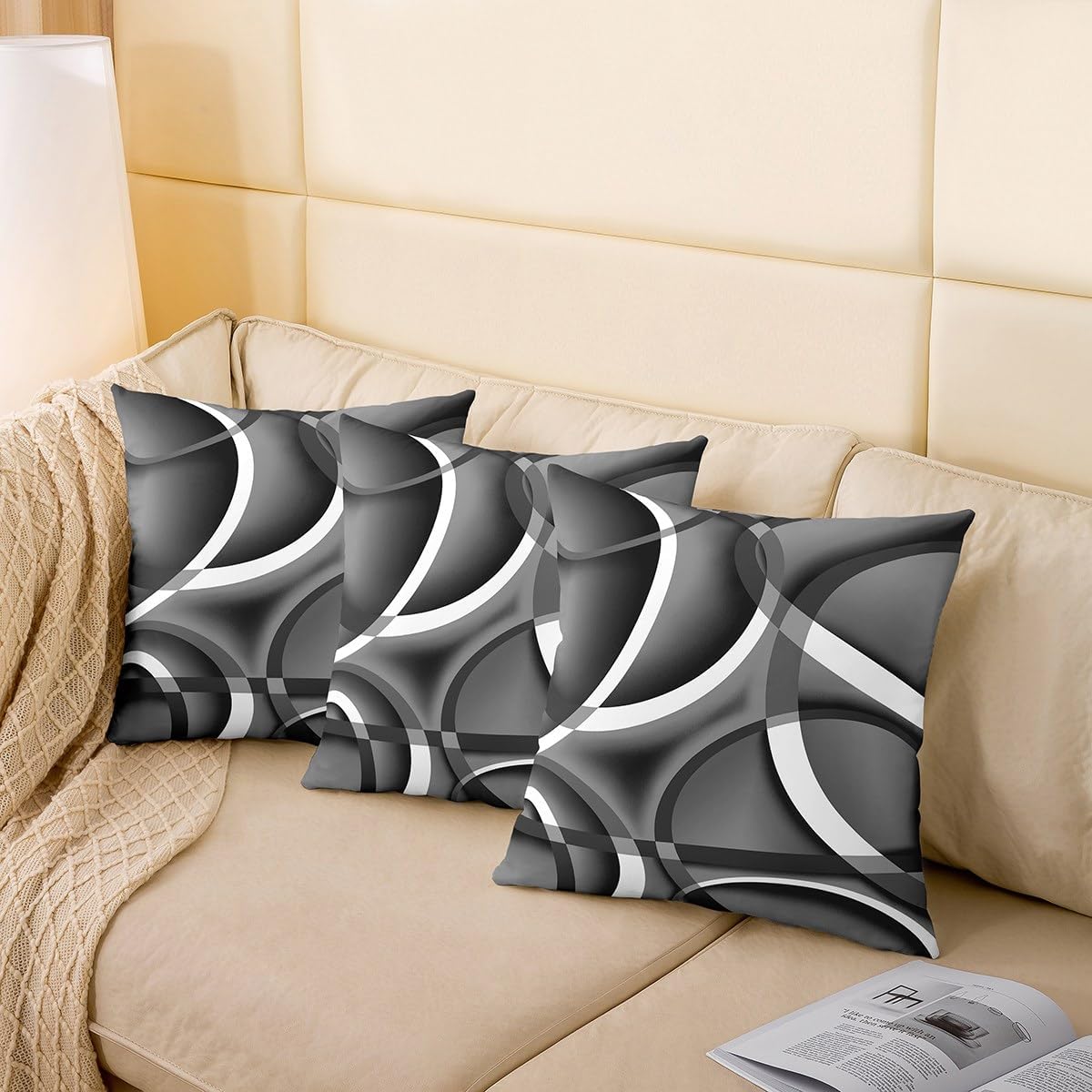 Juego individual de funda de almohada con círculos geométricos, líneas grises y blancas, funda de cojín decorativa para sala de estar, sofá,