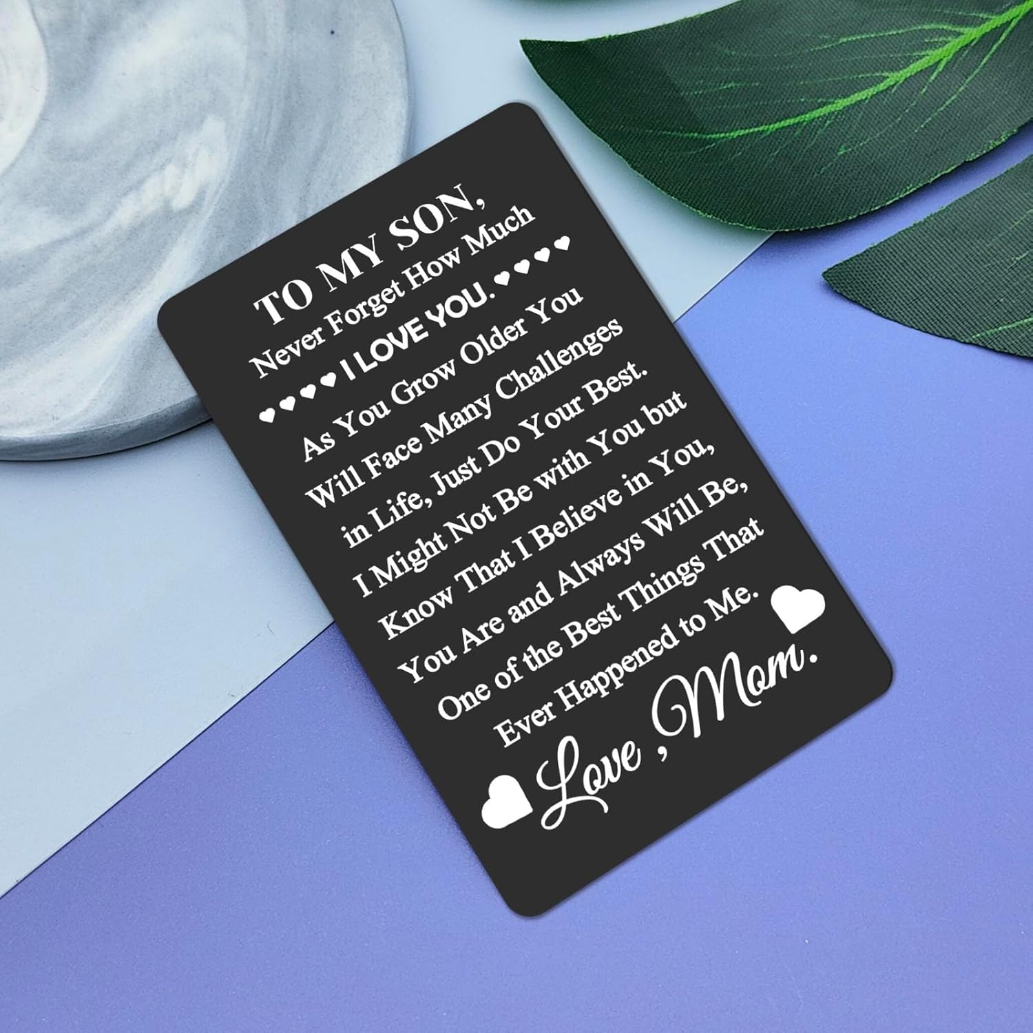 Regalos inspiradores de mamá papá con texto en inglés “To My Son” (“To My Son”), tarjeta grabada con cita inspiradora, tarjeta de metal con texto en
