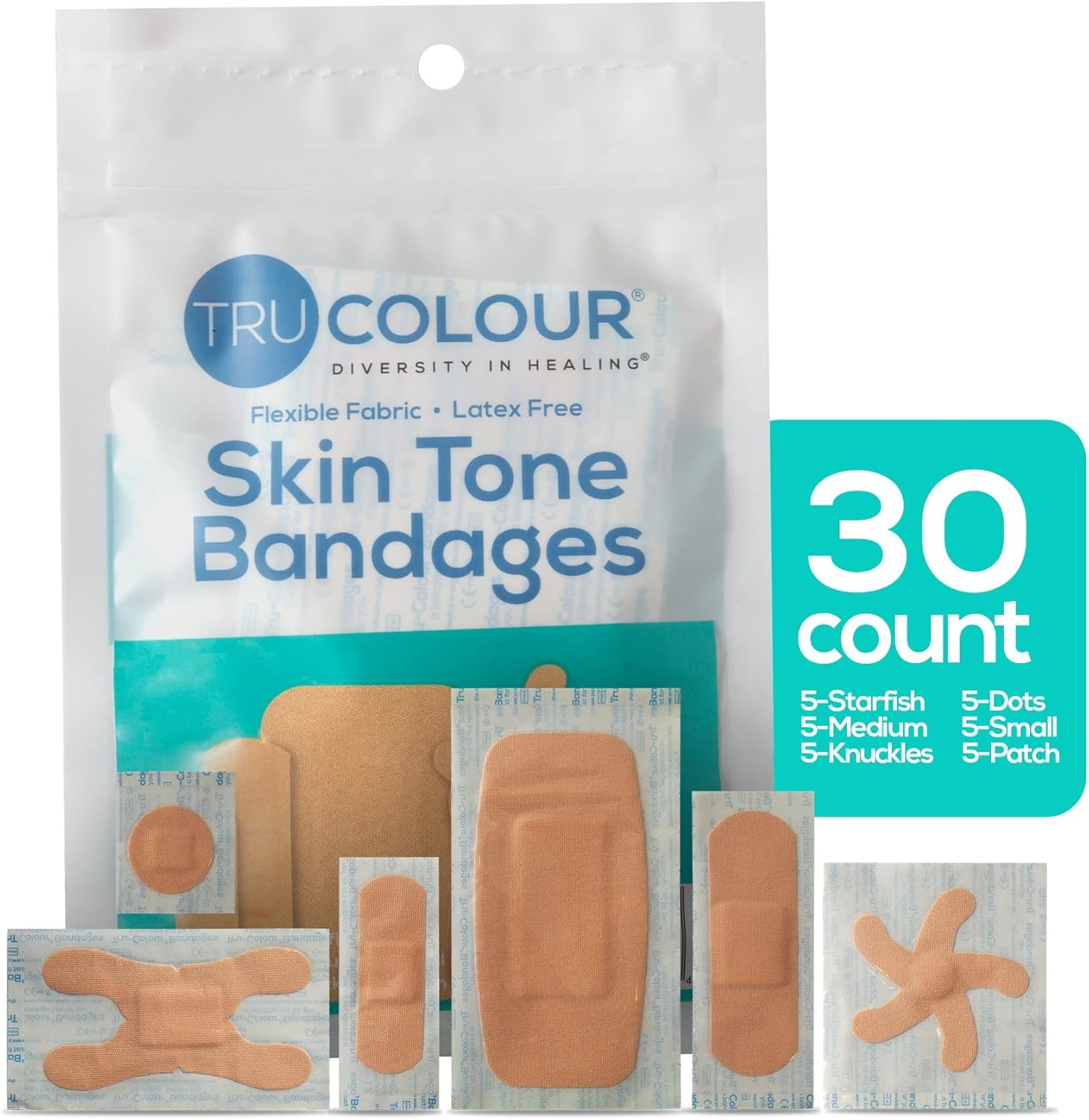 Tru Colour – Vendajes surtidos, vendajes adhesivos de tela flexible, tono de piel beige, bolsa aguamarina, 30 unidades
