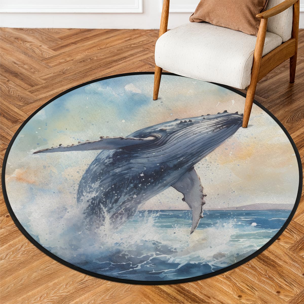 OMFUNS Alfombra redonda de playa de ballena para dormitorio, 3 pies, tapete circular de animales oceánicos, antideslizante, lavable, alfombra para