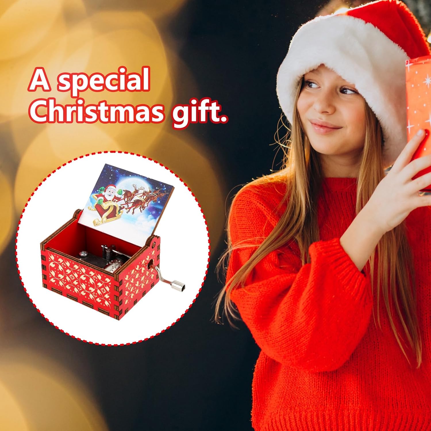 Amaxiu Caja de música de Navidad, cajas de música de manivela de madera, mini cajas musicales grabadas vintage con tema de Navidad, decoraciones de