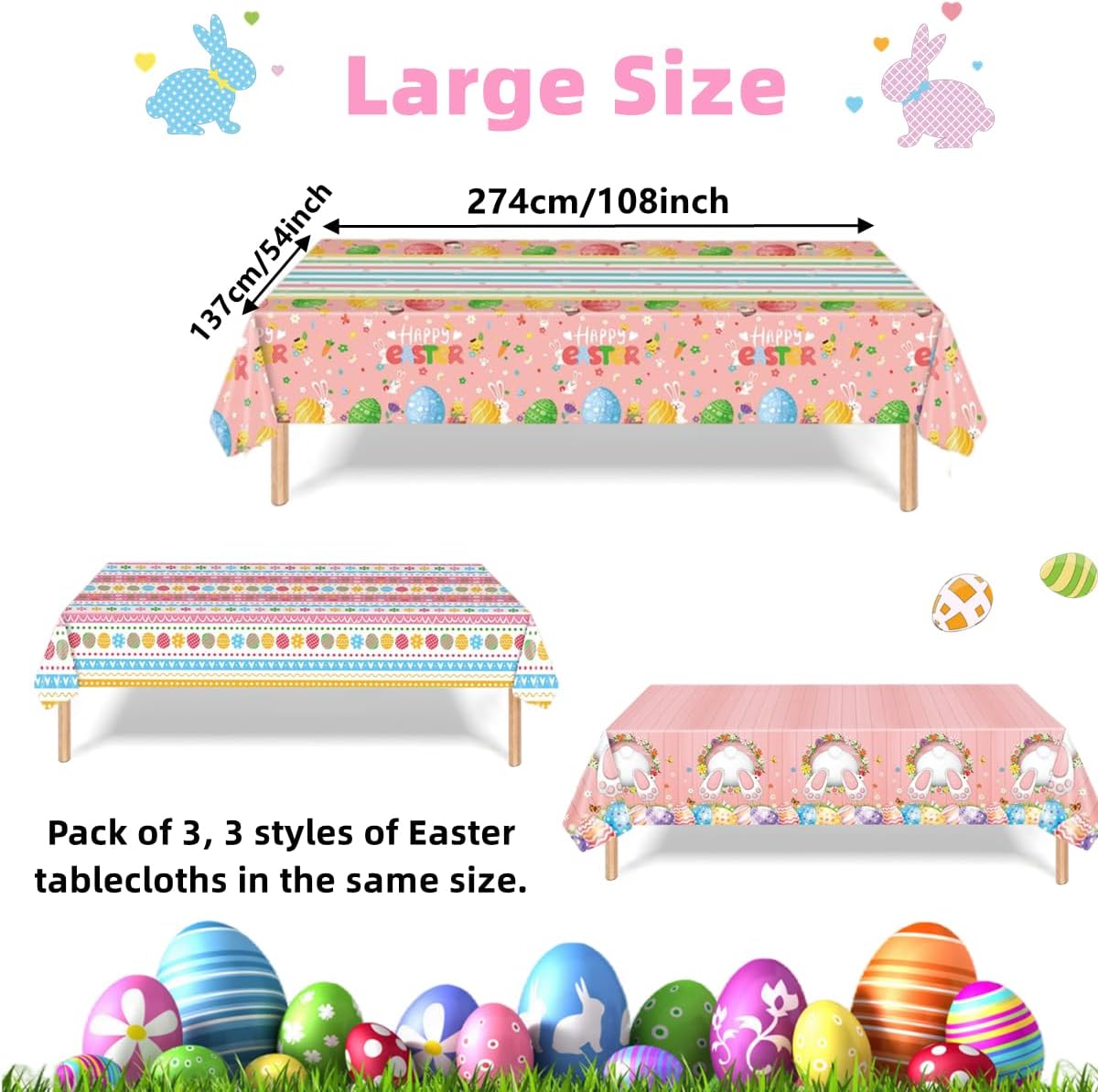 Paquete de 3 manteles de Pascua, mantel de huevos de conejo de Pascua, mantel rectangular de plástico desechable de 54 x 108 pulgadas, para