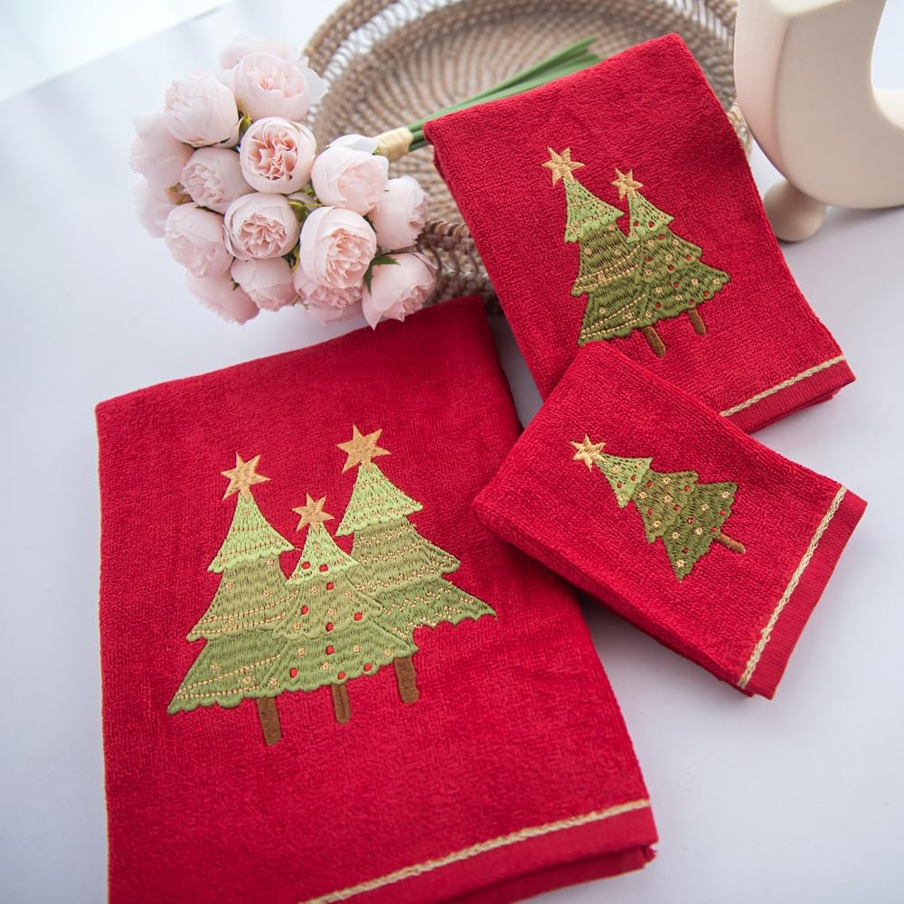 Marina Decoration Christmas Premium Luxury Decor Ultra Soft 100% algodón bordado baño moderno Navidad 3 piezas juego de toallas color rojo verde